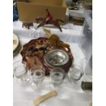 Carved wooden Fox Hunting Set, barometer, copper and wine glasses