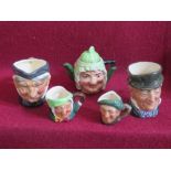 Four Royal Doulton Miniature Character Jugs and one other teapot