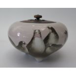 A Good Japanese Porcelain Potpourri Vase with carved hardwood cover and decorated with quails, c.