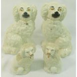 A pair of Staffordshire pottery spaniels, 19cm high and a smaller pair, 10.