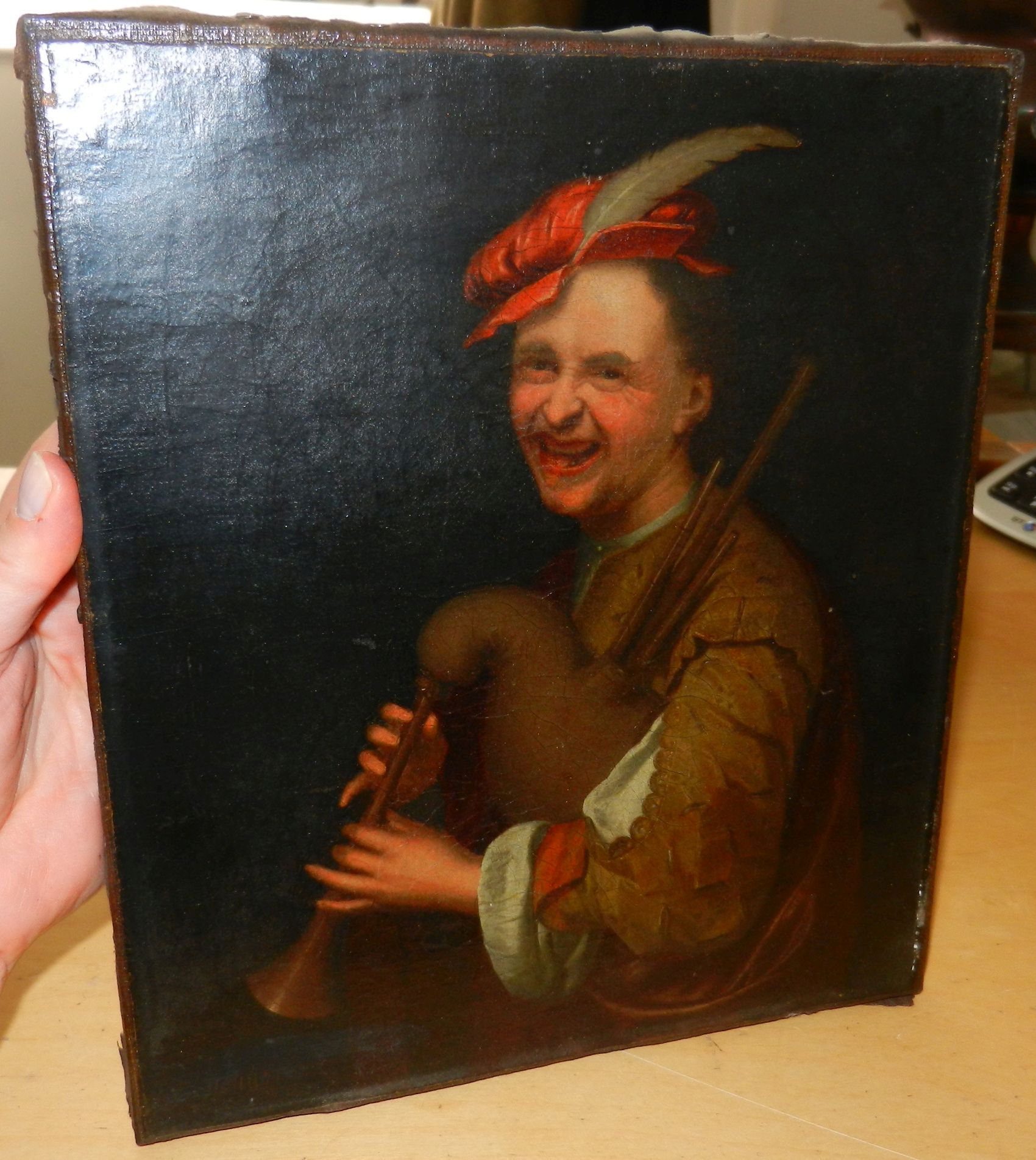 Circle of Jan Tilius (1660-1719), oil on canvas, laughing bagpipe player, - Image 2 of 6
