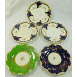 Three H & R Daniel porcelain dinner plates, Savoy shape, with cobalt blue border,