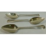 Three Dutch silver table spoons, each approximately 21cm long, combined weight 6.