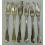 Three pairs of old English pattern dinner forks comprised of a George IV pair, London 1828,