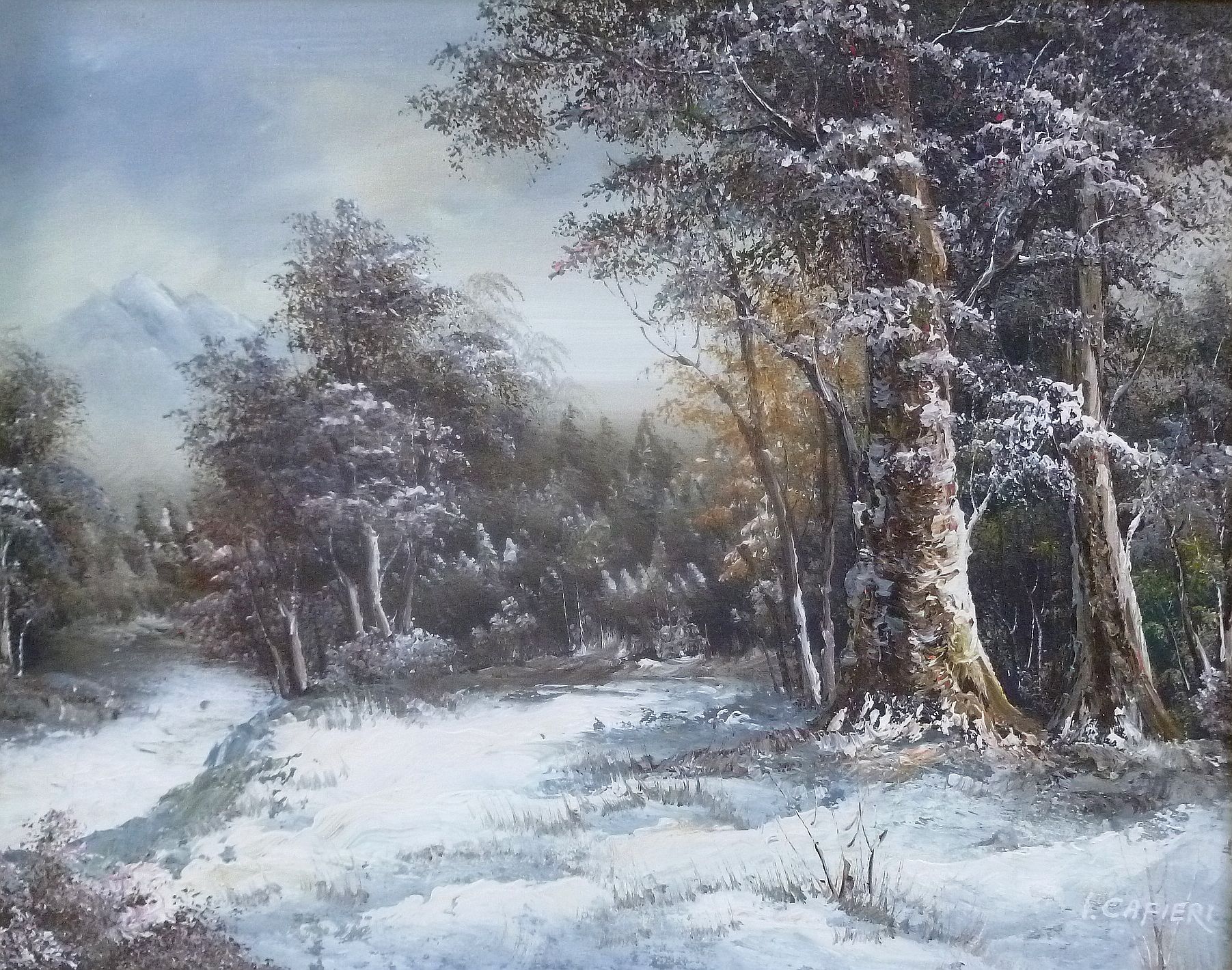 Irene Cafieri (20th century Hong Kong), Snow scene, oil on canvas, signed lower right, 39.5cm x 49.