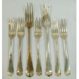 Five George III old English pattern silver dessert forks comprised of three,