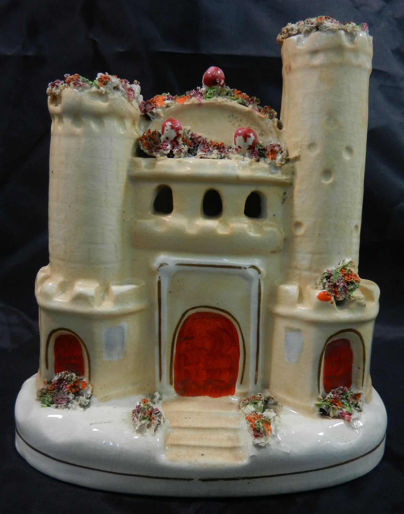 Three Staffordshire pottery flatback pastille burners in the form of castles, 18.5cm, 17cm and 14. - Image 10 of 13