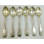 A set of six Victorian fiddle pattern silver teaspoons, London 1841,