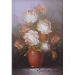 Robert Cox (1934-2001), Still life of roses, oil on canvas, signed lower right, 16.5cm x 11.