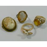 A 19th century gold shell cameo brooch and ring, the brooch 30mm long,