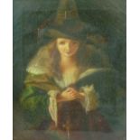 19th century British, portrait of a 17th century lady in a tall hat holding a rosary, oil on canvas,