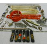 A collection of Victorian and later silver and costume jewellery including a hand painted oval