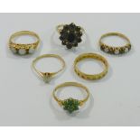 Six 20th century 9 carat gold gem-set rings comprised of garnet, turquoise,