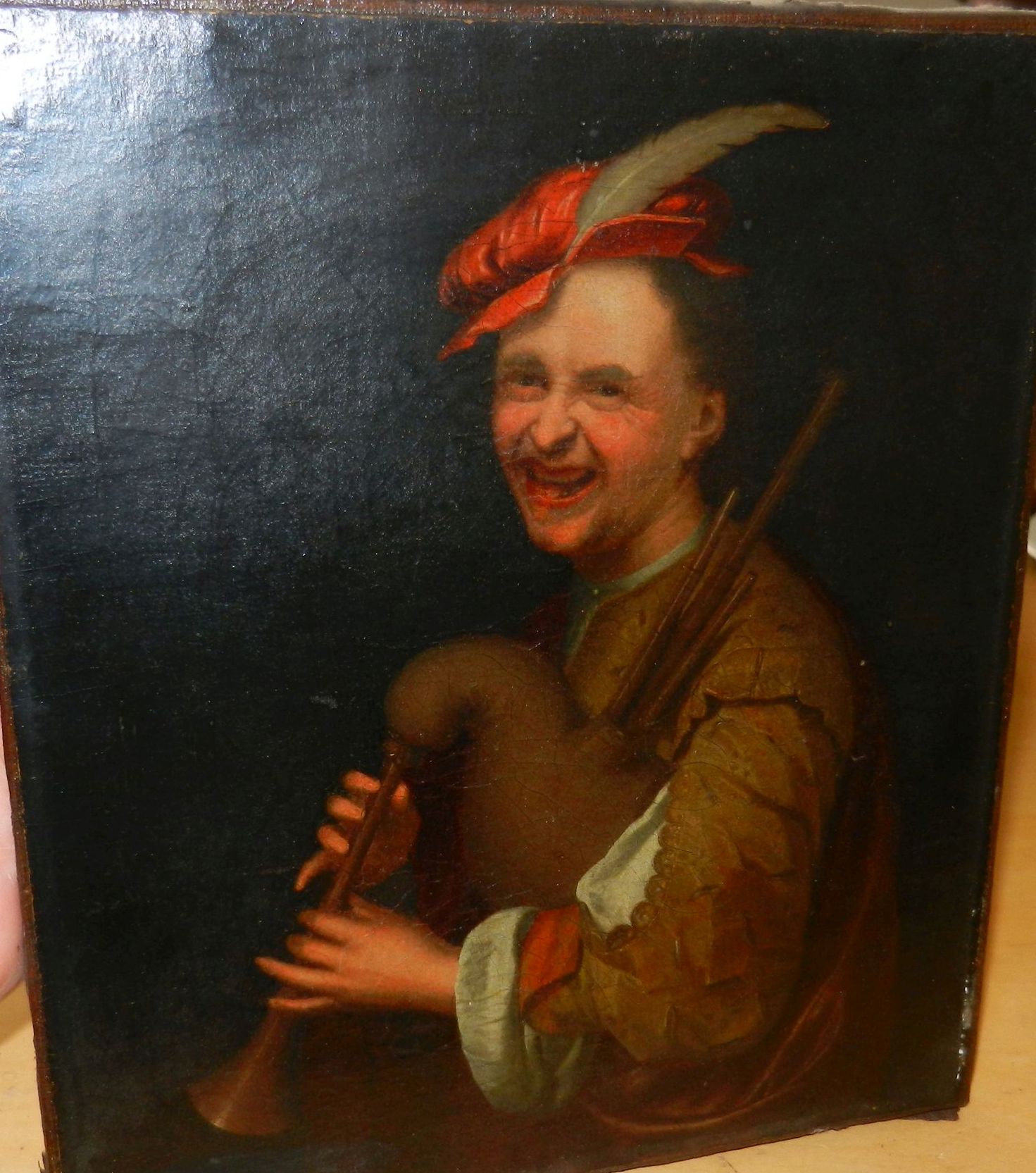 Circle of Jan Tilius (1660-1719), oil on canvas, laughing bagpipe player,