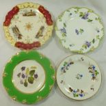 Three H & R Daniel porcelain plates comprised of a Rococo scroll shape dish with apple green border,