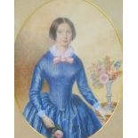 A Victorian watercolour portrait of a young woman in a blue dress beside a vase of flowers,