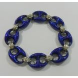 An Italian white gold, cobalt blue guilloche enamel and diamond anchor link bracelet,