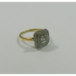 A diamond square target cluster ring, with chamfered corners,