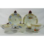 A bone china trio with purple floral sprigging and gilt decoration, pattern number 1802,