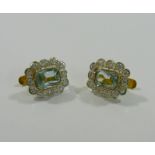 A pair of aquamarine and diamond rectangular cluster earrings,