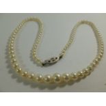 A cultured pearl single strand necklace with 9 carat white gold and diamond set clasp, 44cm long,