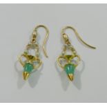 A pair of gold, emerald and seed pearl drop earrings in the form of classical urns, 3.6cm long, 3.