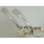 A pair of provincial Scottish William IV silver fiddle pattern toddy ladles,