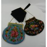 Two tapestry evening bags with gilt metal mounts and a 1950s black suede evening bag,