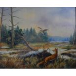 20th Century, Winter scene with Fox and a Woodcock, oil on board, indistinctly signed lower right,
