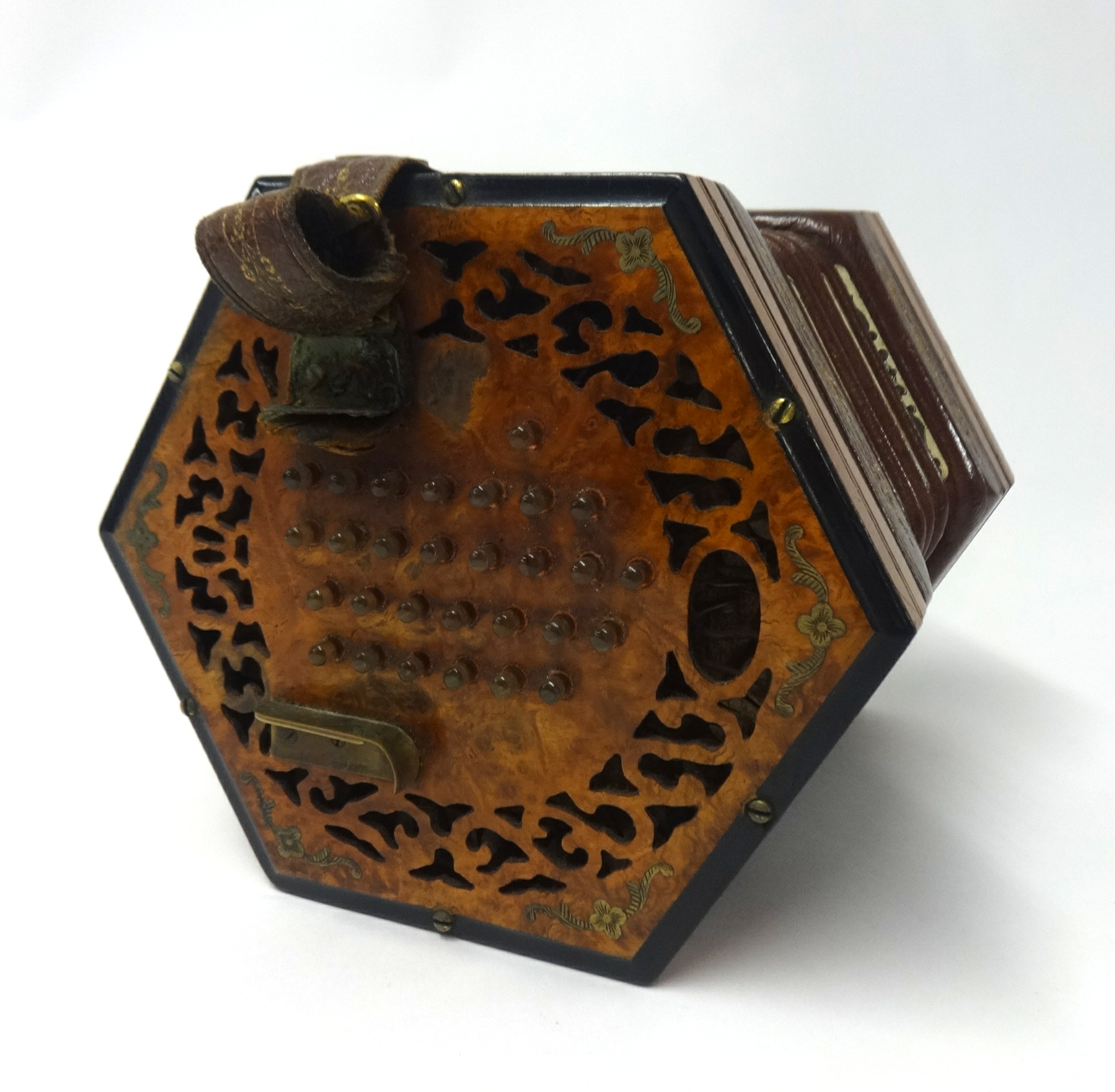 A concertina possibly Wheatstone, burr walnut case inlaid with gilt decoration and further - Image 2 of 4