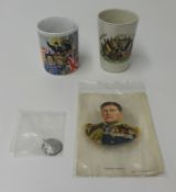 A World War 1 Peace mug, World War II V.E.Day mug, 4 Silks of Great War Leaders and South African