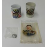 A World War 1 Peace mug, World War II V.E.Day mug, 4 Silks of Great War Leaders and South African