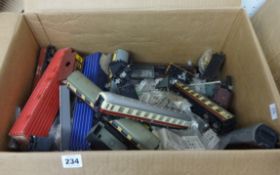 Mixed boxed of Dublo and other OO gauge track accessories, coaches etc.