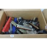 Mixed boxed of Dublo and other OO gauge track accessories, coaches etc.