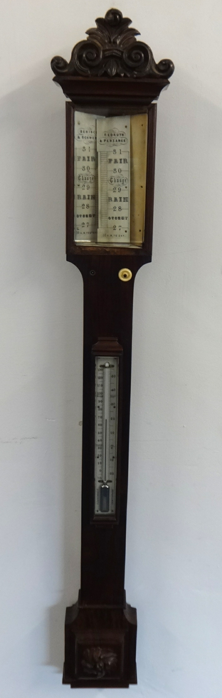 A Victorian rosewood stick Barometer, by Berincer & Schwerer, Redruth and Penzance, height 104 cm.