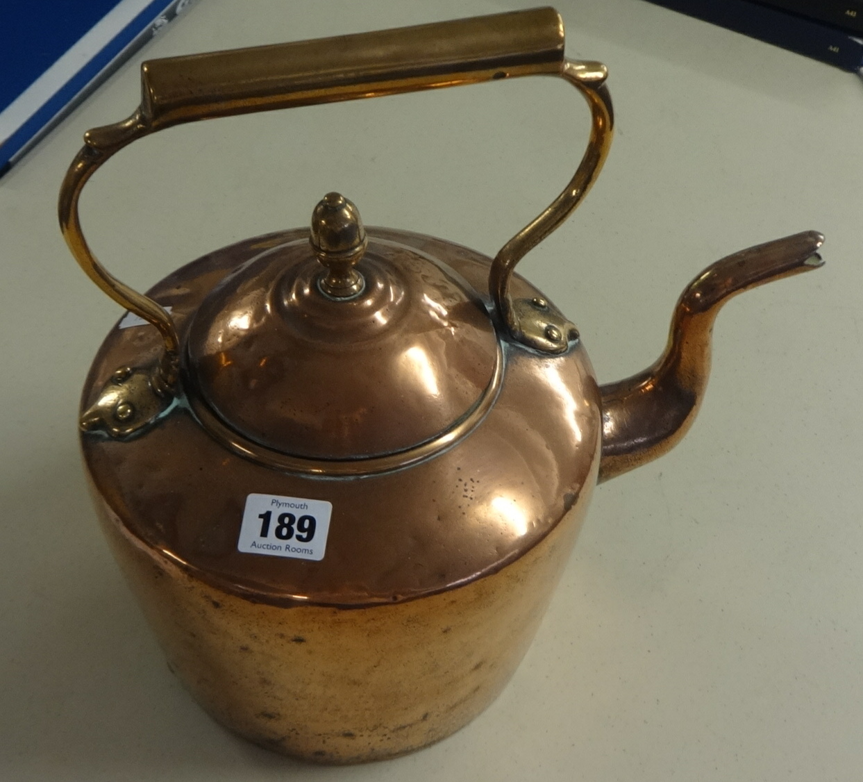 A Victoria copper kettle, force brass, 2 salters Economical brass scales, copper flask, together