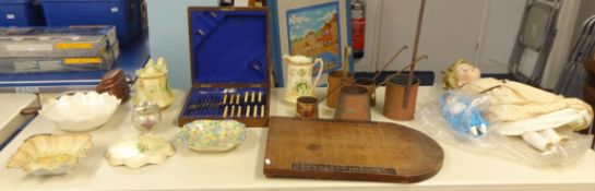 A shuff ha'penny board, 2 modern dolls, copper of measures, Victorian pottery, cased cutlery set,