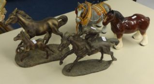 2 ornamental horse sculptures, and 2 porcelain shire horses