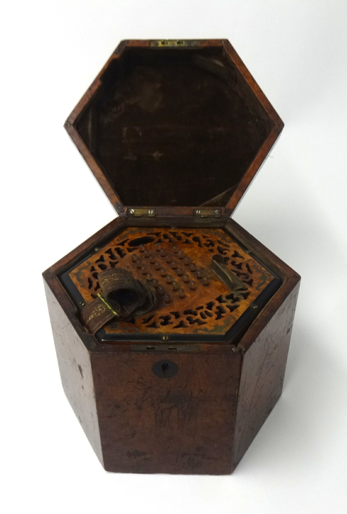 A concertina possibly Wheatstone, burr walnut case inlaid with gilt decoration and further