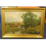 Donald Ayres oil on canvas, traditional scene cottage and horses 39cm x 59cm together with modern