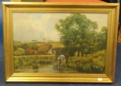 Donald Ayres oil on canvas, traditional scene cottage and horses 39cm x 59cm together with modern