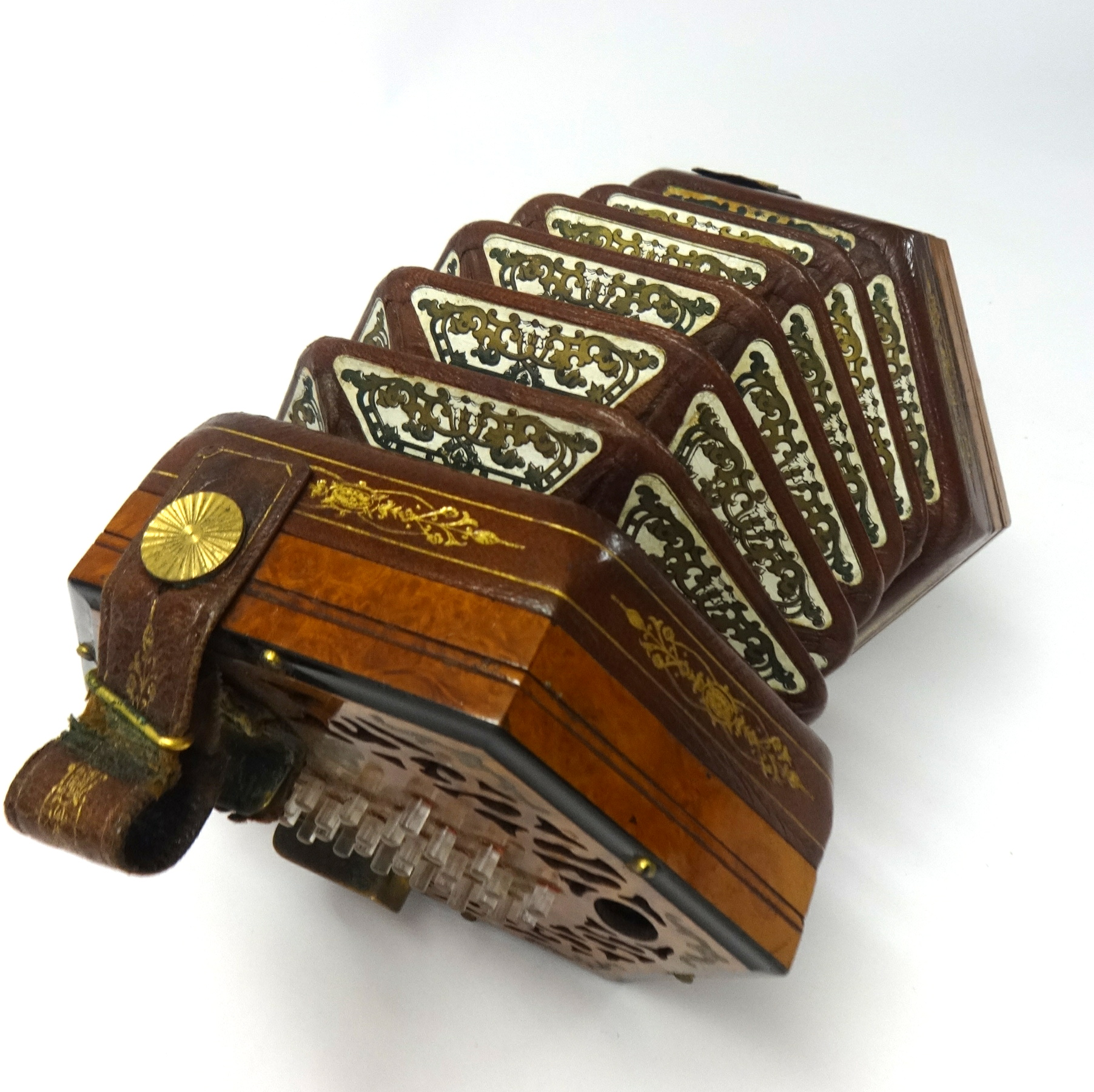 A concertina possibly Wheatstone, burr walnut case inlaid with gilt decoration and further - Image 3 of 4