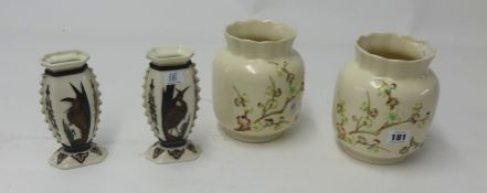 Pair of shorter par tree vases together with pair of Worcester porcelain vases decorated with