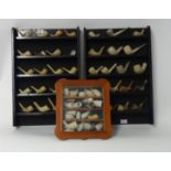 Collection of approx. 59 clay pipe bowls and display racks.