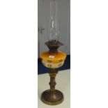 Victorian oil lamp with coloured glass reservoir, height 69cm