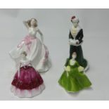 Four Figurines including Coalport Ladies of Fashion Young Love', Coalport Sport Past Times The