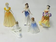 Five Royal Doulton figurines including 'For You', 'Stage Fright', 'Andrea', 'Lesley', 'Happy