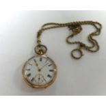 A 9ct gold open face pocket watch with keyless movement and gilt chain