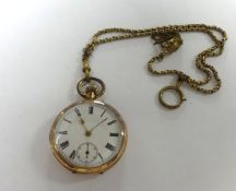 A 9ct gold open face pocket watch with keyless movement and gilt chain