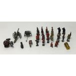 Diecast French gun carriage, also small collection of lead figures including soldiers, cowboys and